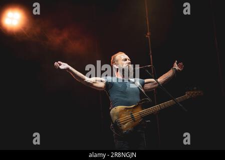 BAROLO, CUNEO, ITALY: Gordon Matthew Thomas Sumner, better known as Sting, performing live on stage at the Collisioni Festival in Barolo. Stock Photo