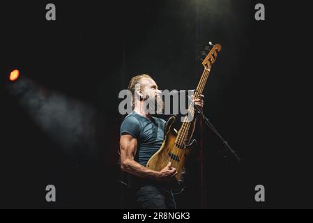 BAROLO, CUNEO, ITALY: Gordon Matthew Thomas Sumner, better known as Sting, performing live on stage at the Collisioni Festival in Barolo. Stock Photo