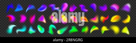 Set of multicolored gradient brush strokes isolated on transparent background. Vector realistic illustration of abstract colorful spots, blurry rainbow ink splashes, holographic fluid paint effect Stock Vector