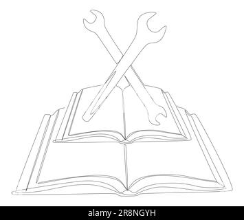 One continuous line of Book with Wrench. Thin Line Illustration Instruction Manual vector concept. Contour Drawing Creative ideas. Stock Vector