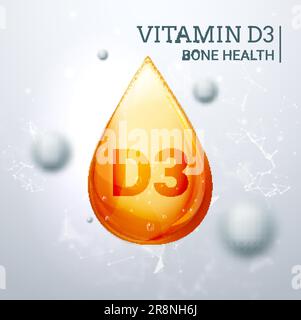 Vitamin D3. Oil vector cosmetic 3d beauty care orange drop health liquid gel vitamin d. Stock Vector
