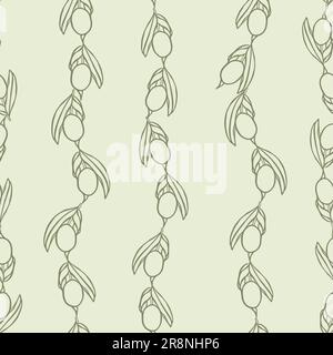 Olive branch, black ink hand drawn simple elements Vector botanical seamless pattern. Stock Vector