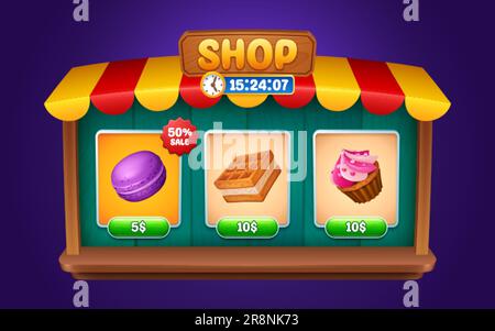 Game shop with items icons and buttons. UI frame for game store interface with cute cake, macaron and sweet waffles, vector cartoon illustration isola Stock Vector