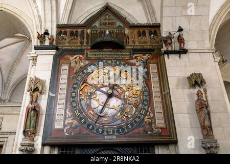 astronomical clock with chime inside the cathedral St. Paul, Muenster, North Rhine-Westphalia, Germany,   Astronomische Uhr mit Glockenspiel im St. Pa Stock Photo