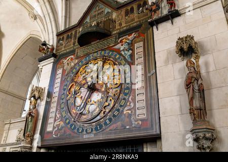 astronomical clock with chime inside the cathedral St. Paul, Muenster, North Rhine-Westphalia, Germany,   Astronomische Uhr mit Glockenspiel im St. Pa Stock Photo