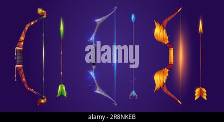 Cartoon set of fantasy bows and arrows isolated on background. Vector illustration of ancient archery weapon made of wood, gold and silver metal, deco Stock Vector