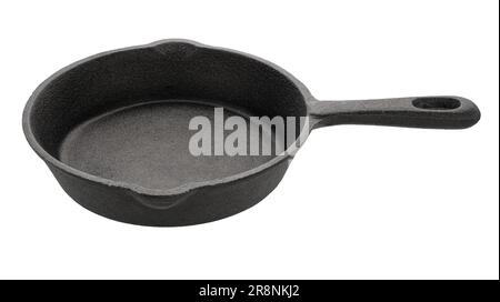 Empty round frying pan, side view, close-up shot, isolated on white background Stock Photo