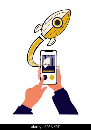 Rocket launch from smartphone app. Startup concept Stock Vector
