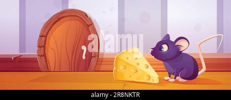 Small rat near mouse hole door and cheese lure cute cartoon game background. Hidden in wall closed mice burrow adventure illustration. Animal apartmen Stock Vector