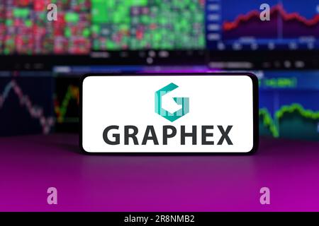 Graphex company logo on screen. Graphex develops technologies and processes for the enhancement of renewable energy Stock Photo