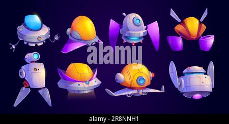 Spaceships, alien rockets, ufo shuttles. Futuristic space ships, cute future vehicles flying in cosmos isolated on blue background, vector cartoon ill Stock Vector