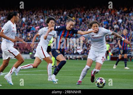 BARCELONA - MAR 21: Graham Hansen in action during the Women's Champions League match between FC Barcelona and AS Roma at the Camp Nou Stadium on Marc Stock Photo