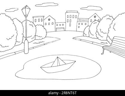 Paper boat in a puddle in the city park graphic black white landscape sketch illustration vector Stock Vector