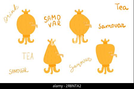 Hand drawn russian golden samovar. Kattle teapot object to make hot drinks beverages in winter seasons isolated on vector illustration with yellow let Stock Vector