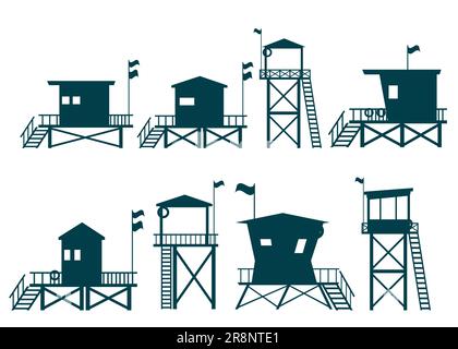 Collection of Lifeguard Tower icons. Station beach building Stock Vector
