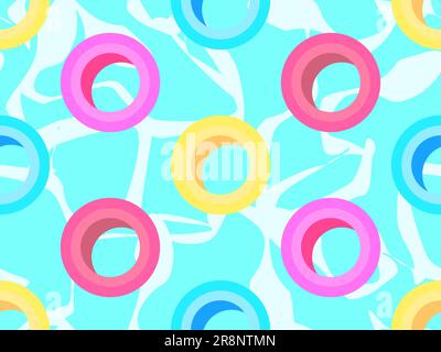 Swim ring seamless pattern. Inflatable pool rings, top view. Multi-colored inflatable circles for swimming on the water. Design for print, banners and Stock Vector