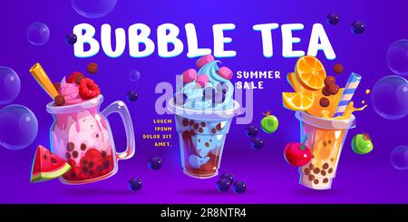 Milk coffee and tea bubble ice drink in cup vector illustration. Milkshake boba, smoothie dessert in glass for cafe menu poster design. Pearl juice with cream and tapioca with slogan for promotions Stock Vector