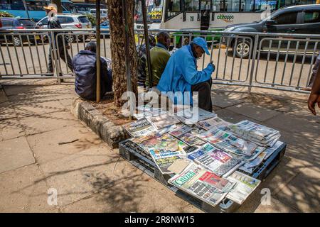 Nairobi, Kenya. 05th June, 2023. A man sells newspapers by the streets in Nairobi. This is a series of life through the busy streets of Nairobi City well known as a City under the sun deprived from the Maasai word Enkare which translates to 'place of cool waters'. Nairobi is the largest and Kenya's capital City. (Photo by Donwilson Odhiambo/SOPA Images/Sipa USA) Credit: Sipa USA/Alamy Live News Stock Photo