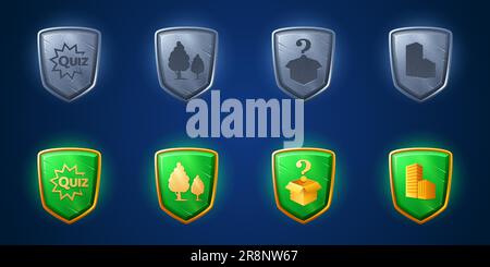 Quiz game shield icon cartoon vector element set. Choose category hover or click effect kit for interface of online arcade mobile app. Button sprite sheet for animation pack with glowing design Stock Vector