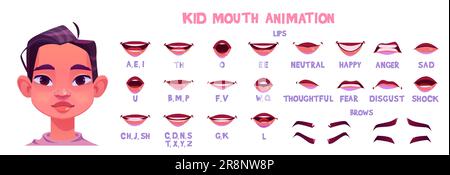 Asian boy mouth animation set isolated on white background. Lip sync ...