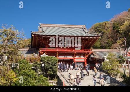 Large stone steps and Zuijimon Gate of Tsuruoka Hachimangu Shrine Stock Photo