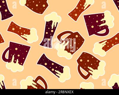 Glass of beer with foam to the top seamless pattern. Frothy beer in a glass with a stroke in a flat style. Design for print, wallpapers, banners and p Stock Vector