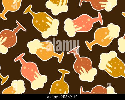 Glass of beer with foam to the top seamless pattern. Frothy beer in a glass with a stroke in a flat style. Design for print, wallpapers, banners and p Stock Vector