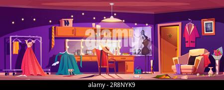 Cartoon actors dressing room interior. Vector illustration of messy theater backstage, mirrors illuminated with light bulbs, clothes and costumes on r Stock Vector