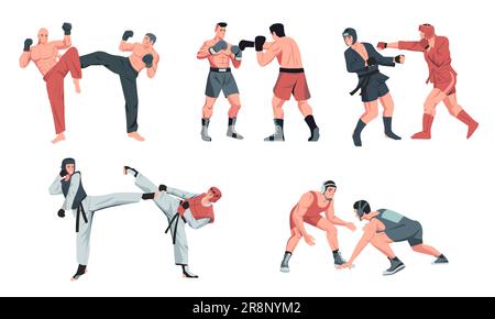 Sparring. Martial arts competitive characters fighting, boxing and training, muscular athletes in fight stance combat workout cartoon style. Vector se Stock Vector