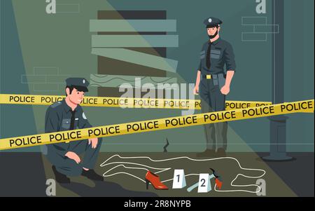 Police crime scene. Criminal murder investigation of detective officers, victim corpse traced with chalk, policemen with dog at work. Vector illustrat Stock Vector