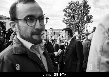 Mayor Giorgio Gori is interviewed during 25 April (Anniversary of Italy's Liberation). Bergamo, Italy. Stock Photo