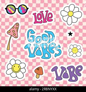 Groovy distorted chessboard background with pink and beige parts. Cute pattern with daisy flower, vibe, good vibes, stars and other elements. Retro hi Stock Vector