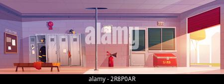 Cartoon fire station interior design. Vector illustration of empty garage and locker room with pole for firefighters. Fireman helmet and uniform on sh Stock Vector