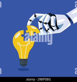 Robot inserts the missing puzzle in lightbulb. Concept of machine learning. Artificial Intelligence. Vector illustration Stock Vector