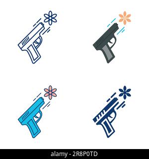 Gun shooting flower icon set in flat and line style. Pistol with floral, peace symbol. Vector illustration. Stock Vector
