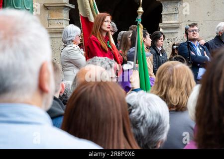 Italian politician Rosy Bindi and local authorities on stage during the 25 April (Anniversary of Italy's Liberation). Bergamo, Italy. Stock Photo