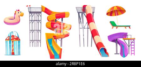 Cartoon set of aquapark equipment isolated on white background. Vector illustration of extreme spiral water slides, inflatable unicorn ring, colorful Stock Vector