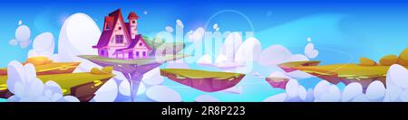 Floating island with house and green garden. Vector cartoon illustration of pieces of land flying in blue sky with clouds, cozy home building with chi Stock Vector