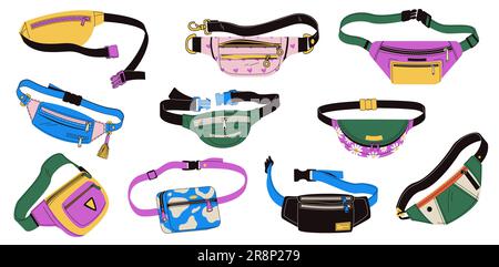 Waist bag. Doodle handbag with various pockets and accessories, fashion nylon purse with belt buckle, stylish summer accessory. Vector set of handbag Stock Vector