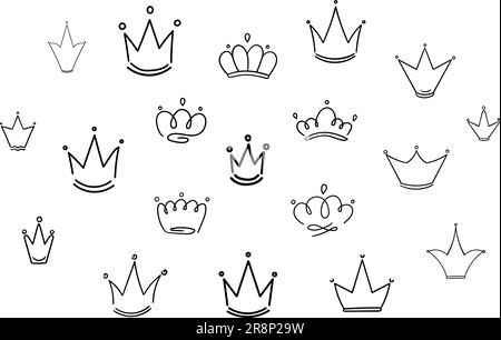 Set of hand drawn crowns in different shapes. Simple funny crowns isolated on white background. Smooth lines and edges. Black and white drawings. Stock Vector