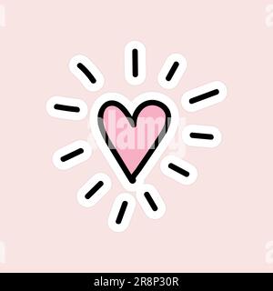 Hand drawn sticker for Valentine's day. Shining pink heart. vector illustration isolated on soft background Stock Vector