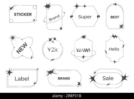 Y2k line labels. Outline linear stickers with vintage retro 70s 80s style, minimalist trendy badge frames with message and offer. Vector set of linear Stock Vector