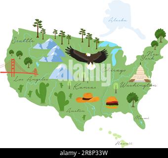 Tourist infographics about America. Cartoon map of USA. Travel illustration with landmarks, rivers, food and plants. National symbols. Famous attracti Stock Vector