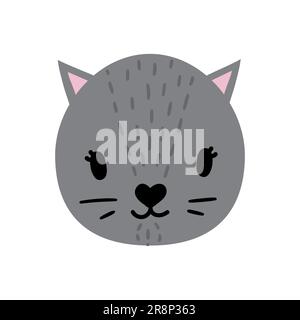 Cute hand drawn cat. Grey animal s face with nice elements, whiskers, eyes in sunglasses. Vector illustration isolated on white Stock Vector