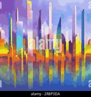 Vector Modern Abstract Geometric Illustration Painting Town Skyline Multiple Colors Expressive Cubism Stock Vector