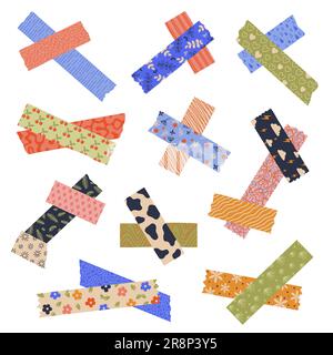 Decorative crossed tape. Sticky torn paper labels with adhesive stripes, ripped paper stickers for scrapbook and packaging, minimal design. Vector set Stock Vector