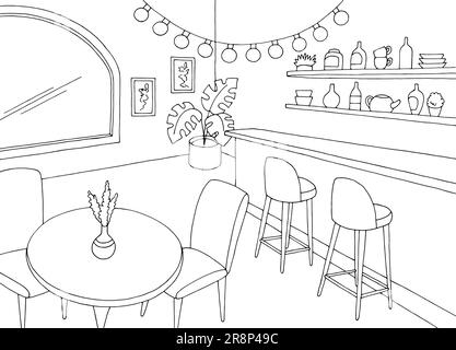 Cafe bar graphic black white interior sketch illustration vector Stock Vector