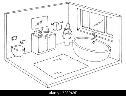 Bathroom graphic home interior black white sketch isolated illustration vector Stock Vector