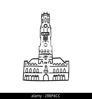 Hand drawn doodle outline icon of european building with watch. Landmarks of europe cities. simple drawings of facades Stock Vector