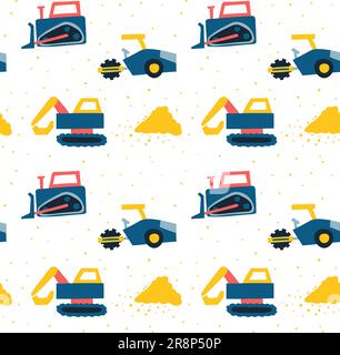 Seamless pattern with Hand drawn cute cars Truck, tractor, cargo crane, bulldozer, excavator. some sand. Colored scandinavian style. Vector illustrati Stock Vector